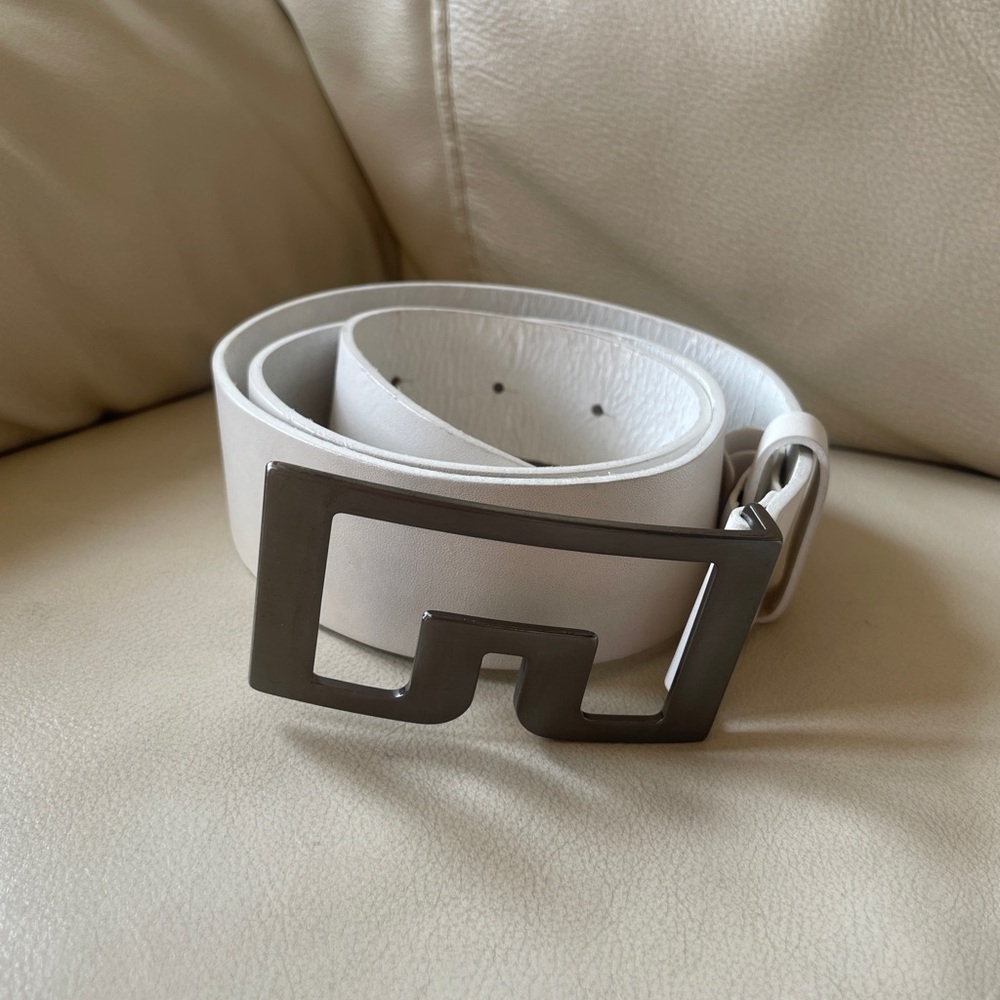 J Lindeberg White Leather Belt with Silver Buckle